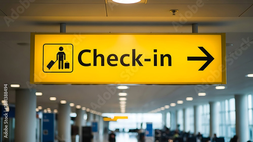 Airport check-in sign directing travelers to registration area
