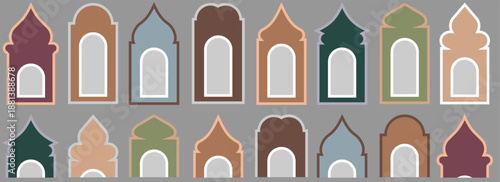 Old mosque windows shape in oriental style. Islamic door set, flat arabic frames or arabian arches silhouette. Muslim architecture geometric design elements, moroccan minimal arcs.