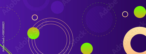 Vibrant purple background decorated with lime green circles and peach rings in a modern Memphis art style