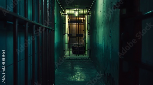 Deep prison corridor narrows toward a distant cell door under harsh green and blue lighting.