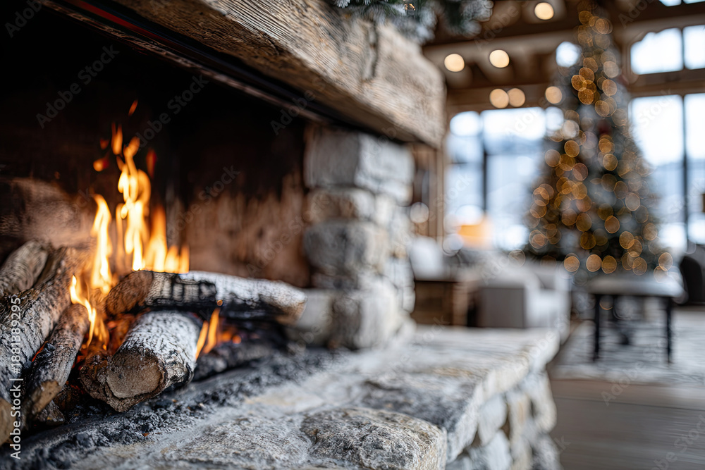 Fototapeta premium Winter lodge with glowing fireplace and decorated tree 