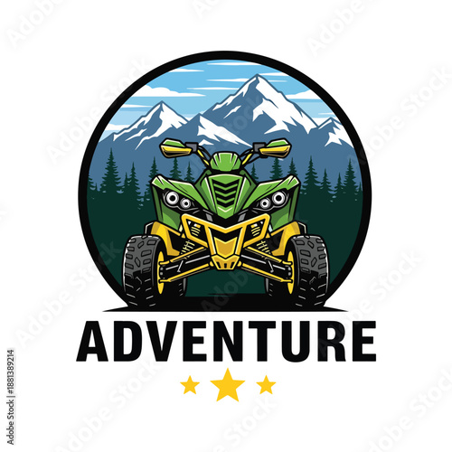 Dynamic outdoor adventure emblem featuring a quad bike racing through mountains and forest landscape