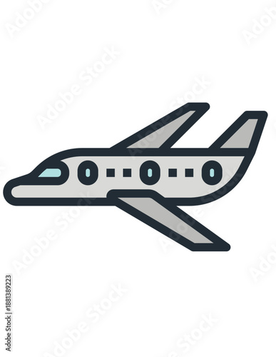 Modern passenger airplane vector icon, commercial jet airliner illustration in flat outlined style with windows and wings, editable Adobe Illustrator

