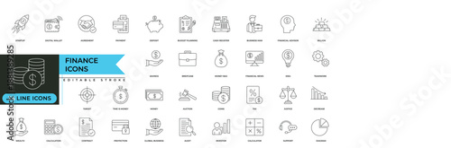 Finance and accounting outline icon set with banking, investment, budget, analytics and business management symbols in thin line style