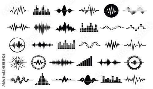 Graphic sound waves and equalizer elements set featuring various audio waveforms and frequency visualizations for music and technology