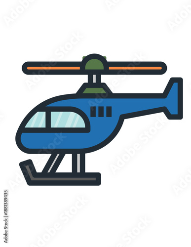 Blue helicopter vector icon, modern air transport illustration in flat outlined style with rotor blades and skids, isolated Adobe Illustrator artwork

