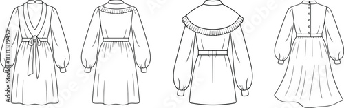 Back view fashion sketches of long sleeve dresses, gathered cuffs, pleated skirts, technical garment design illustration, vector art