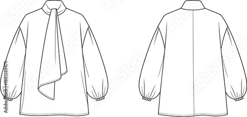 Elegant fashion blouse technical sketch, asymmetrical necktie, voluminous sleeves, garment design, sewing reference, apparel illustration, blueprint