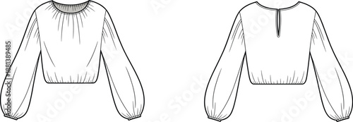 Elegant fashion illustration of long sleeve blouse, gathered neckline, voluminous sleeves, keyhole back, technical garment sketch