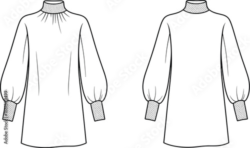 Elegant fashion illustration of long sleeve dress with high neckline, gathered cuffs, voluminous sleeves, technical garment sketch
