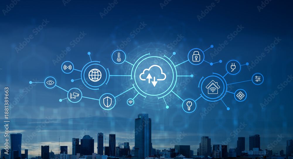 Naklejka premium Smart city and cloud computing concept with connected IoT devices and artificial intelligence, showing urban digital infrastructure, data exchange, automation, and intelligent network communication.