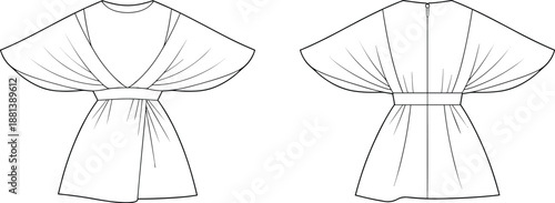 Elegant fashion sketch of pleated kimono sleeve dress, technical drawing, front and back view, garment design illustration