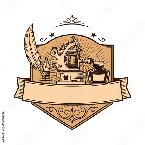 Vintage tattoo studio logo template with tattoo machine, quill pen and ink bottle, retro shield emblem with ribbon banner and copy space