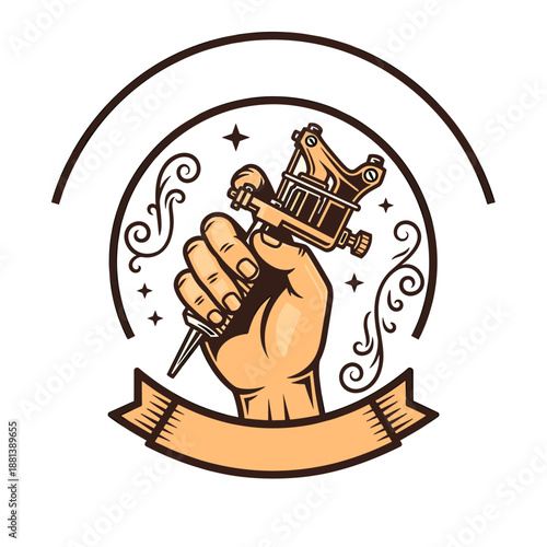 Tattoo studio logo template with hand holding tattoo machine, vintage round emblem with ribbon banner and copy space