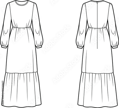 Elegant long sleeve tiered maxi dress, fashion illustration, technical sketch, gathered waist, voluminous sleeves, back zipper design