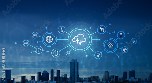 Smart city and cloud computing concept with connected IoT devices and artificial intelligence, showing urban digital infrastructure, data exchange, automation, and intelligent network communication.