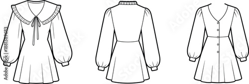 Elegant vintage-inspired women's dresses, puff sleeves, pleated collars, button-down styles, fashion design sketches, front and back views