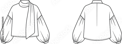 Elegant women's blouse fashion sketch, bishop sleeves, scarf neckline, technical garment illustration, front and back views, apparel design