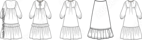 Fashion design sketches of tiered dresses and skirt, technical garment illustration, puff sleeves, flared hem, style variations