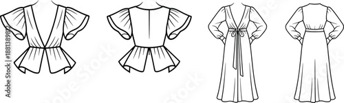 Fashion design technical sketch, flutter sleeve top, puff sleeve dress, front and back view, garment construction illustration