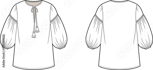 Fashion illustration of boho blouse with gathered sleeves, tassel tie neckline, technical sketch front and back view