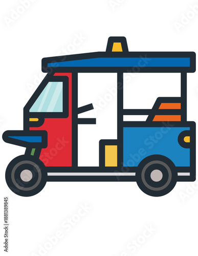 Colorful auto rickshaw tuk tuk vector transport icon in flat modern style, side view illustration for city travel, editable stroke Adobe Illustrator

