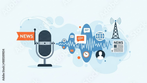 A vector graphic illustration of a microphone with news symbols and icons surrounding it