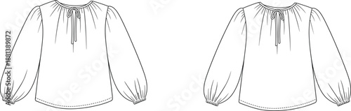 Fashion illustration of long sleeve blouse, gathered neckline, tie front, voluminous sleeves, curved hem, technical sketch