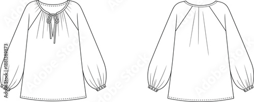 Fashion illustration of gathered neckline blouse, voluminous sleeves, buttoned cuffs, keyhole tie detail, front and back views