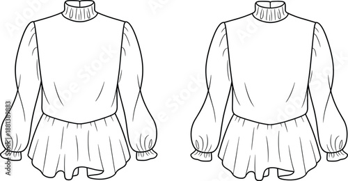 Fashion illustration of long sleeve blouse with ruffled hem, gathered neckline, voluminous sleeves, technical sketch, garment design