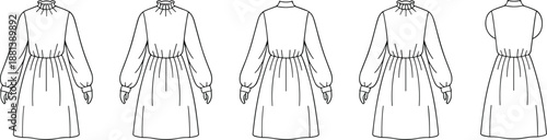 Fashion technical illustration, dress design variations, ruffled neckline, puffed sleeves, garment construction, pattern making reference, front and back views