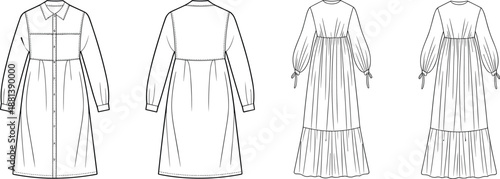 Technical fashion illustration of two long sleeve dresses, front and back views, garment construction, sewing design template