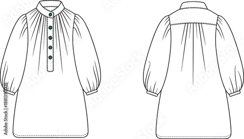 Long sleeve gathered yoke dress, fashion flat sketch, technical illustration, loose silhouette, button placket, voluminous sleeves, cuffs