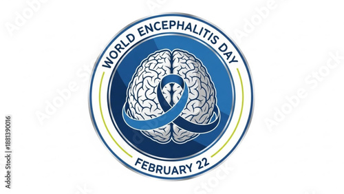A blue and white logo for World Encephalitis Day on February 22nd featuring a brain with a ribbon