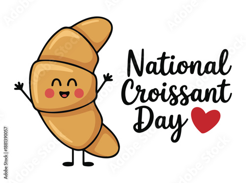 Croissant Cartoon Character Celebrating National Croissant Day Vector on a White Background