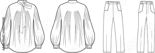 Technical fashion sketch of blouse and pants, front and back view, garment design, sewing pattern, apparel illustration