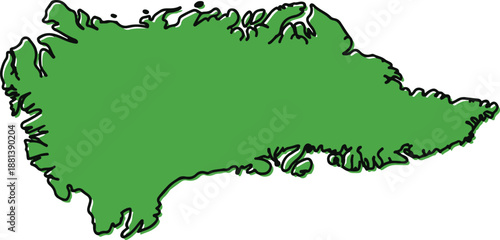 Greenland map vector illustration. Rotated green silhouette of the arctic island territory with a black outline, isolated on white background.