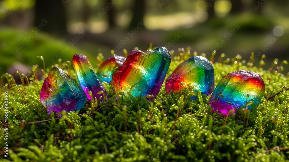 Fototapeta premium A close-up shot of six rainbow-colored stones arranged on green moss with a shallow depth of field, conveying a natural and serene mood in a forest setting.