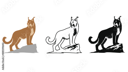 A stylized illustration of a lynx in three different color variations standing on a rock