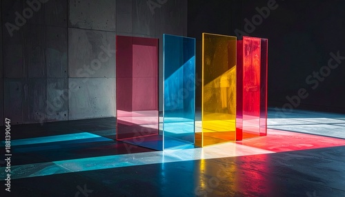 Vibrant glass panels cast colorful reflections on a sleek, modern concrete floor in a dimly lit industrial space