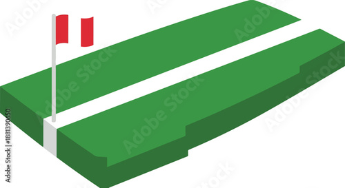 Soccer field section vector illustration. Isometric view of a green grass pitch with a white boundary line and a Peru flag, isolated on white background.
