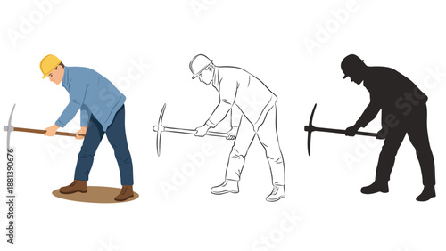 A man in different styles holding a pickaxe in various poses