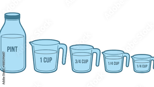 An illustration of various measuring cups and a pint bottle on a white background