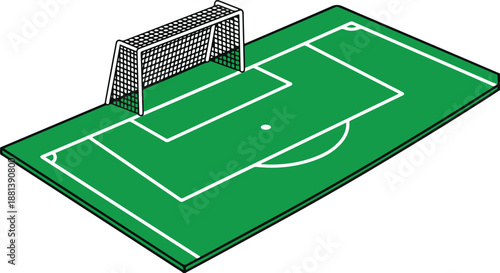 Soccer field goal area vector illustration. Isometric view of a green football pitch section showing the net, penalty box lines, and grass texture, isolated on white background.