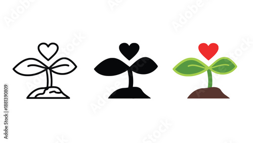 Three cute plant icons with heart shaped leaves on white background