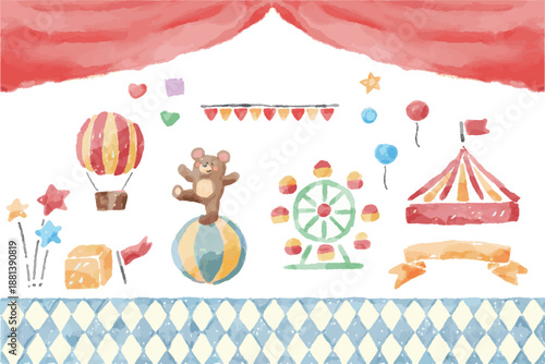 幼稚園・保育園・小児科向け 水彩サーカスのキッズ素材セット｜Watercolor Circus Kids Design Set