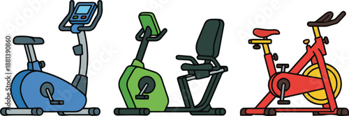 Stationary exercise bikes vector set. Collection of three fitness machines including a blue upright bike, a green recumbent bike, and a red spinning cycle, isolated on white background.