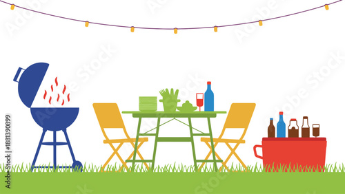 A colorful outdoor picnic setup with a grill and drinks on a sunny day