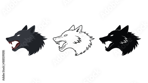 Three wolf heads in different styles on a white background