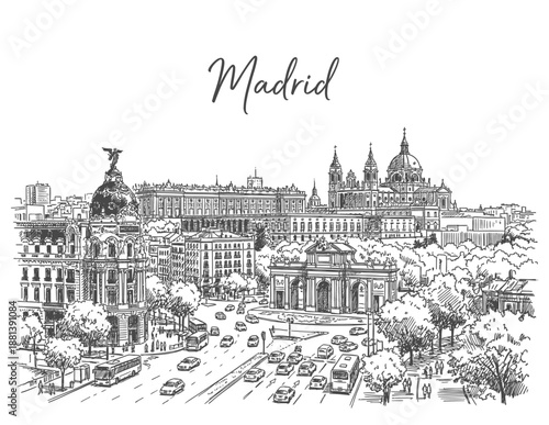 Detailed Hand drawn Ink Sketch Madrid Skyline Cityscape Travel Destination